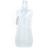 A drink bottle in a translucent white colour with a spray nozzle and a metal carabiner attached.