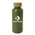 A drink bottle in olive green with a cork lid and a logo.