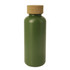A drink bottle in matte green with a cork lid, featuring a simple design and a logo on the body.