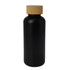 A drink bottle in matte black with a cork lid, featuring a logo on the side.