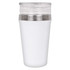 A drink bottle in white with a transparent lid and stainless steel band, featuring a logo.