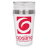 A drink bottle in white with a stainless steel band, featuring a logo in red.