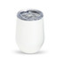 A drink bottle in a white finish with a clear lid, featuring a logo. Ideal for beverages.