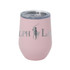 A drink bottle in pink with a transparent lid, featuring a logo on the front. Suitable for beverages.