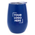 A drink bottle in blue with a lid and a logo on the front, designed for ease of use.