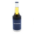 A drink bottle cooler in navy with a silver base, designed to hold a bottle securely. Features a logo.