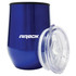 A drink bottle in a deep blue colour with a clear lid and a logo on the side.