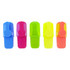 A collection of highlighters in blue, pink, green, yellow, and orange, displayed in a row with a brand logo.