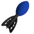 A blue football-shaped stress toy with black rocket fins, featuring a logo.