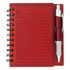 A red notepad with lined pages and a spiral binding, accompanied by a matching pen.