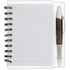 A notepad with lined pages and a pen attached, featuring a clear cover and a spiral binding.