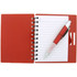 A red notepad with lined pages, spiral binding, and a pen resting on top. The cover features a slot for cards.