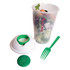 A transparent salad shaker with a white lid, green fork, and a logo, filled with mixed salad ingredients.