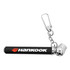 A black key chain tyre gauge with a silver clip and a branding logo.
