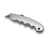 A silver handheld cutter with a serrated edge and a textured grip for easy handling. It has a circular hole for keyring attachment.