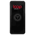 A black power bank with a logo, featuring a dotted design and specifications for fast charging features.