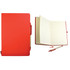 A red recycled notebook with a pen, featuring lined pages and a sleek cover. It also includes a branding logo.