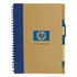 A recycled paper notebook with a brown cover, blue spiral binding, and a matching pen attached. Features a logo.