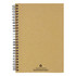 A recycled paper notebook with a brown cover and black spiral binding, featuring a logo on the bottom.