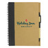 A recycled paper notebook with a brown cover, black spiral binding, and a pen attached. It features a logo on the front.