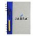 A recycled journal book with a grey cover, blue binding, and a pen attached to the side. Features a logo on the front.