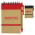 A recycled jotter pad with a brown cover, red accents, and a matching pen. Features a logo on the front.