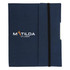 A navy blue Small Tuck Journal Book with an elastic closure and a logo on the cover.