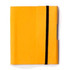 A small yellow tuck journal book with a black elastic band. It features a smooth cover and a side pocket.