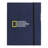 A large navy blue A5 journal book with an elastic band and front pocket, featuring a logo.