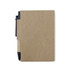 A recycled notebook in a brown kraft cover with a pen attached to the side, showcasing a simple and eco-friendly design.