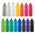 A collection of drink bottles in various colours, including silver, white, yellow, orange, green, blue, black, and purple. Each bottle has a logo.