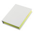 A white adhesive note book featuring bright yellow sticky notes, displayed at an angle. Contains a branding logo.