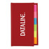A red book with a logo, featuring various sticky note markers in pink, blue, green, yellow, and orange.