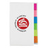 A white book with a logo on the cover and colourful sticky note tabs in pink, green, and orange.
