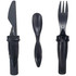 A black cutlery set featuring a knife, spoon, and fork, each with a sleek design and a handle.