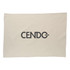 A cream cotton tea towel featuring a large black logo in the centre.