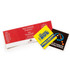 A set of three vinyl stickers in red, yellow, and black, featuring various designs and a logo.