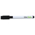 A whiteboard marker with a black chisel tip and a white barrel featuring a logo.