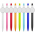 A collection of button badge pens in various colours: white, pink, red, orange, yellow, green, blue, and black, each with a logo.