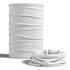 A white tubular bandana is displayed, featuring a textured design and a slight drape, alongside its cylindrical packaging.
