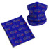 A blue Coolmax bandana with a repeated logo pattern, featuring both flat and shaped styles.