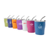A drink bottle collection featuring various coloured tumblers with lids and straws, each with a logo.