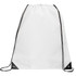 A white drawstring bag with black accents and drawstrings, featuring a branding logo.