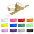 Tyvek adult wristbands in various colours, including white, pink, red, and black. Some feature a logo.