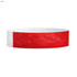 A red and white Tyvek wristband, featuring a textured design, suitable for events. It has a simple branded logo.