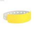 A neon yellow vinyl wristband with white fastening and multiple holes for adjustment. It features a logo.