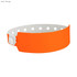 A neon orange vinyl wristband with a fastener, featuring holes for adjustable sizing.