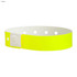 A yellow vinyl wristband with a snap closure and multiple holes for size adjustment. It features a logo.