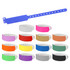 A range of coloured plastic wristbands, including purple, pink, red, orange, yellow, green, and blue, with one blue band shown separately.