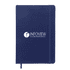 A navy blue A5 notebook with a flexible cover and an elastic band, featuring a logo on the front.